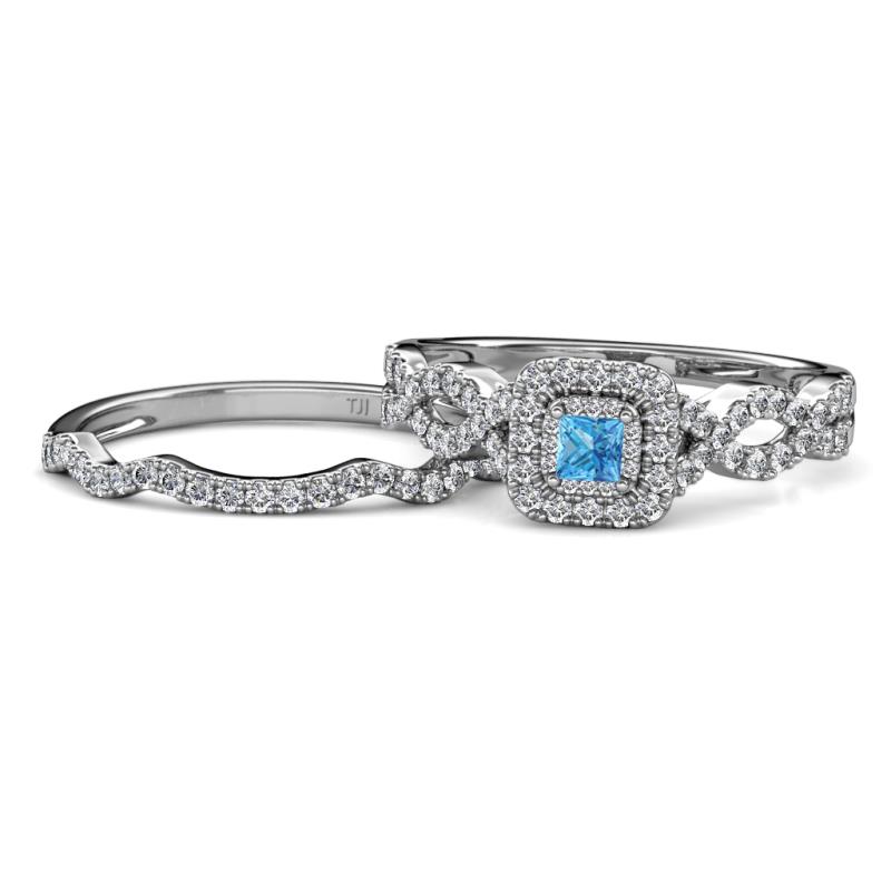 Eyana Prima Blue Topaz and Diamond Double Halo Bridal Set Ring 
