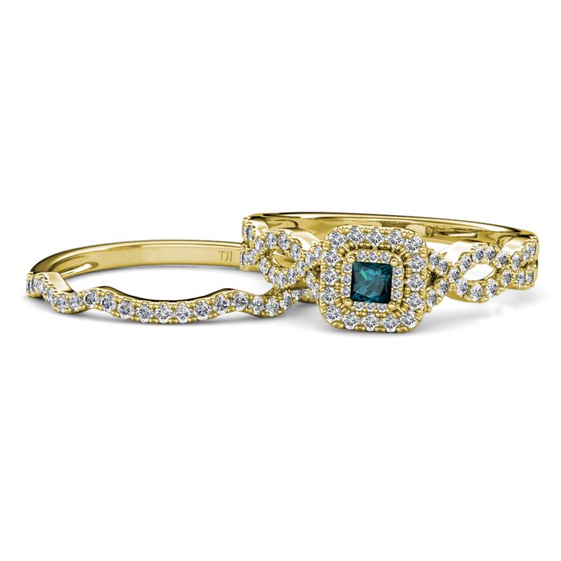 Eyana Prima London Blue Topaz and Diamond Double Halo Bridal Set Ring 