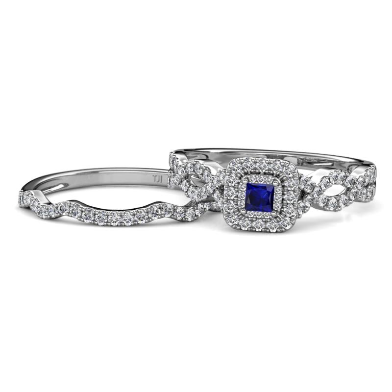 Eyana Prima Blue Sapphire and Diamond Double Halo Bridal Set Ring 