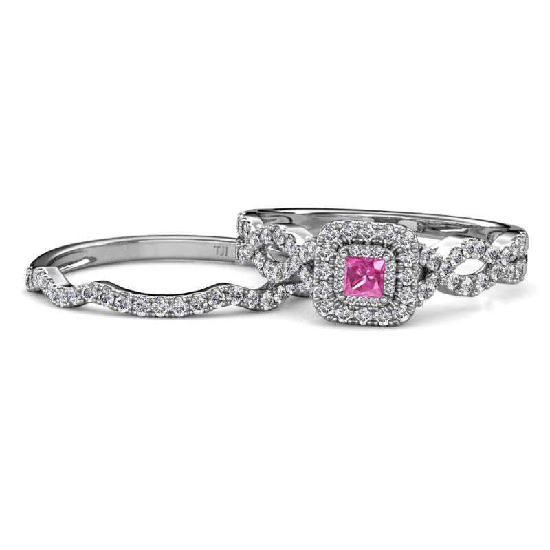 Eyana Prima Pink Sapphire and Diamond Double Halo Bridal Set Ring 