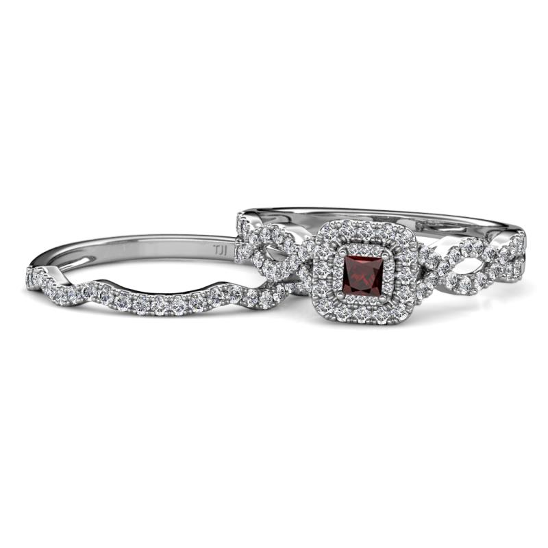 Eyana Prima Red Garnet and Diamond Double Halo Bridal Set Ring 