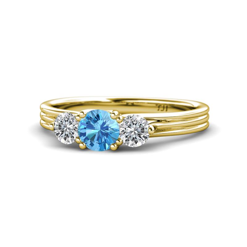 Alyssa 0.93 ctw (5.50 mm) Round Blue Topaz and Lab Grown Diamond Three Stone Engagement Ring 