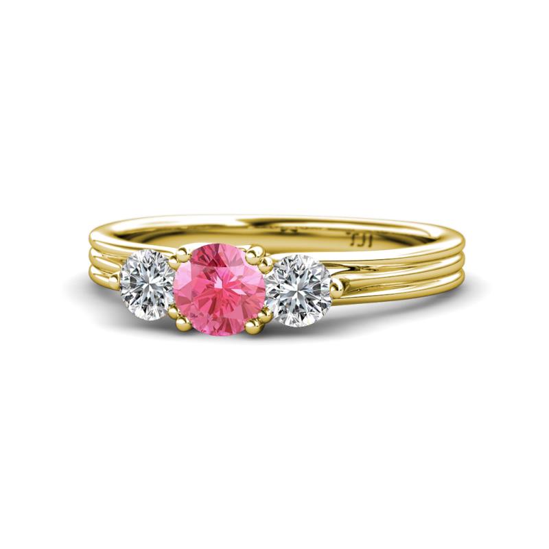 Alyssa 0.92 ctw (5.50 mm) Round Pink Tourmaline and Lab Grown Diamond Three Stone Engagement Ring 