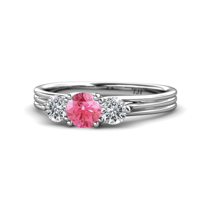 Alyssa 0.92 ctw (5.50 mm) Round Pink Tourmaline and Lab Grown Diamond Three Stone Engagement Ring 