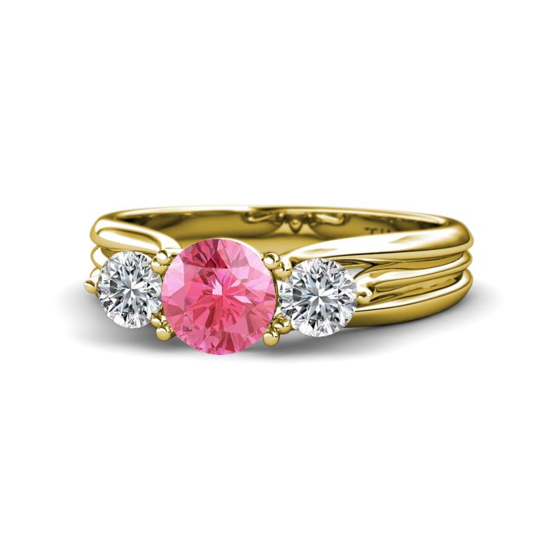 Alyssa 1.31 ctw (6.50 mm) Round Pink Tourmaline and Lab Grown Diamond Three Stone Engagement Ring 