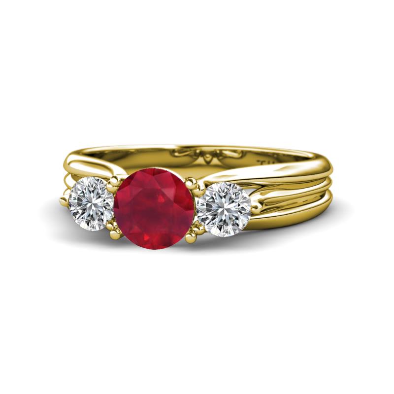Alyssa 1.39 ctw (6.00 mm) Round Ruby and Lab Grown Diamond Three Stone Engagement Ring 
