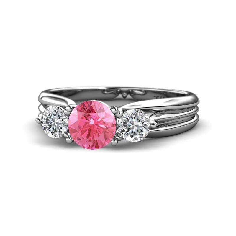 Alyssa 1.31 ctw (6.50 mm) Round Pink Tourmaline and Lab Grown Diamond Three Stone Engagement Ring 