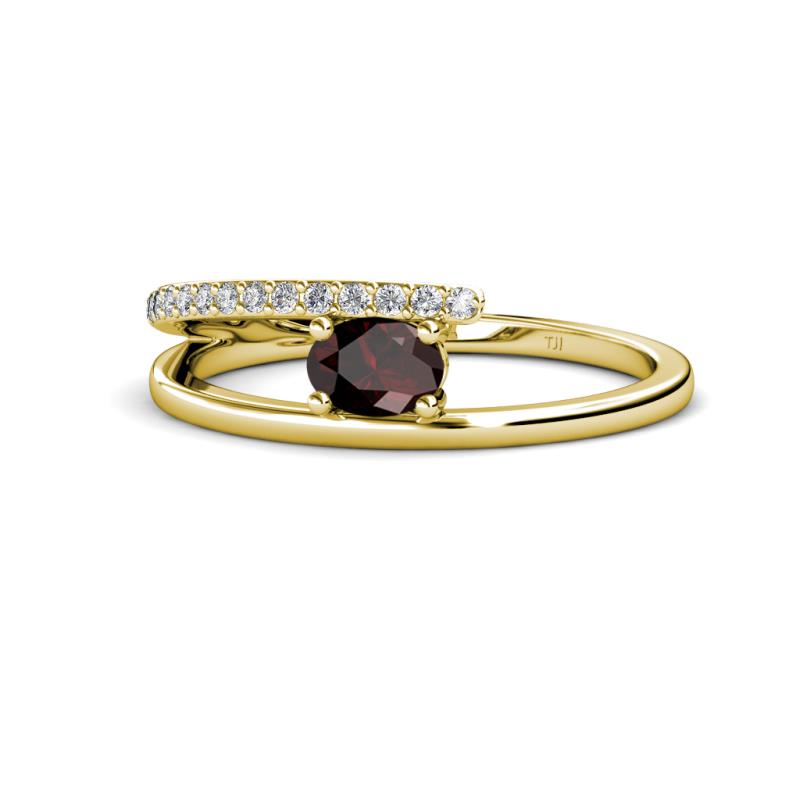 Linnea Bold Oval Red Garnet and Round Diamond Bypass Promise Ring 