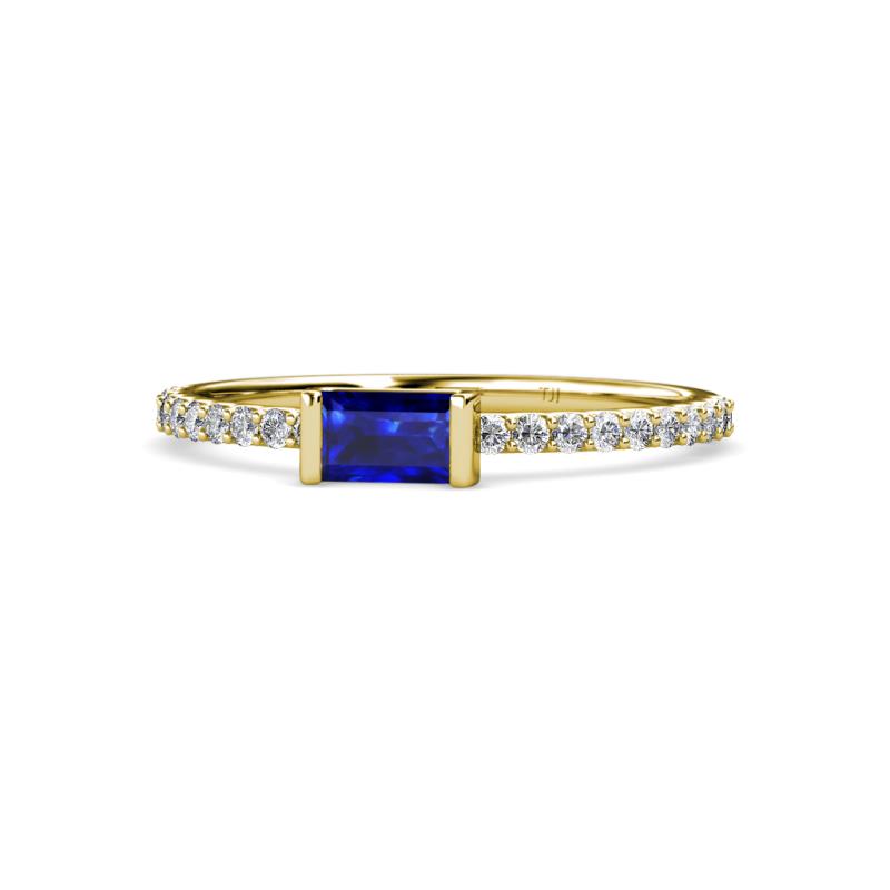 Annia 5x3 mm Bold Emerald Cut Blue Sapphire and Round Diamond Promise Ring 