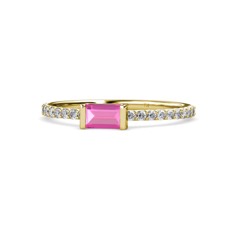 Annia 5x3 mm Bold Emerald Cut Pink Sapphire and Round Diamond Promise Ring 
