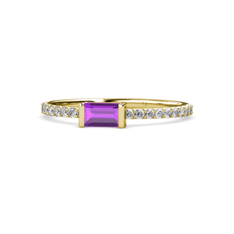 Annia 5x3 mm Bold Emerald Cut Amethyst and Round Diamond Promise Ring 