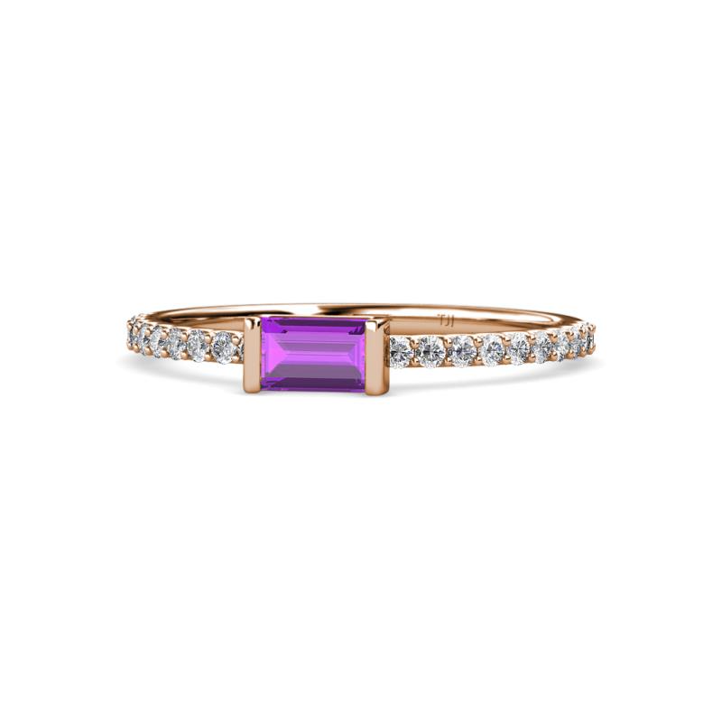 Annia 5x3 mm Bold Emerald Cut Amethyst and Round Diamond Promise Ring 