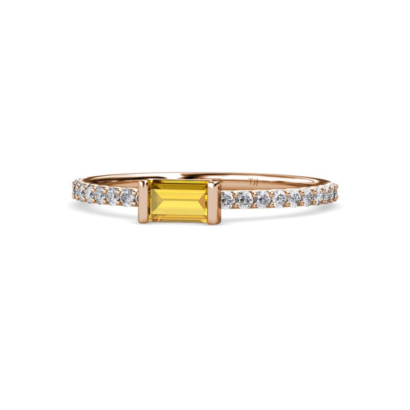 Annia 5x3 mm Bold Emerald Cut Citrine and Round Diamond Promise Ring 