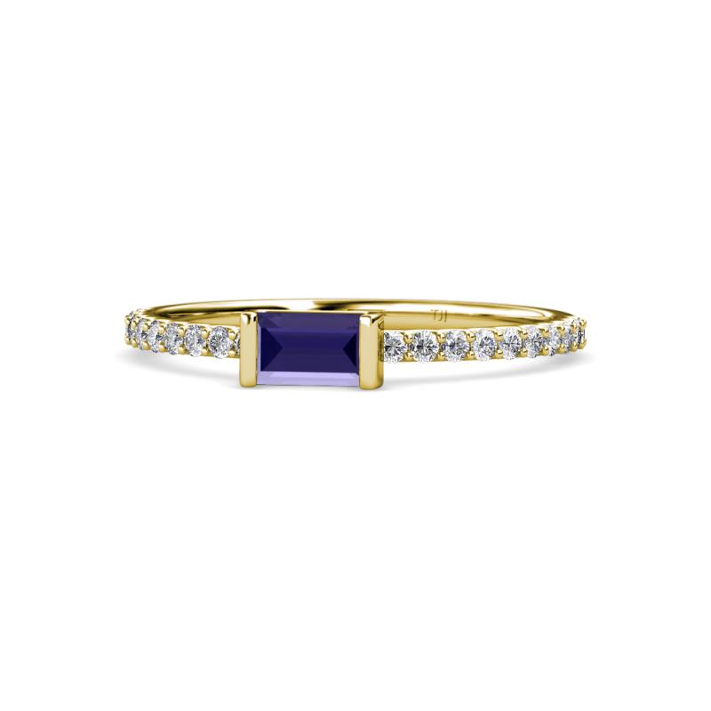 Annia 5x3 mm Bold Emerald Cut Iolite and Round Diamond Promise Ring 