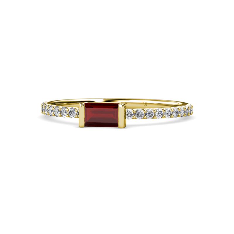 Annia 5x3 mm Bold Emerald Cut Red Garnet and Round Diamond Promise Ring 