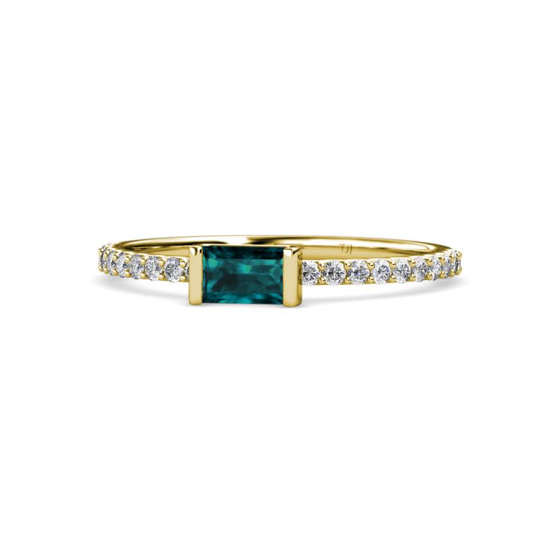 Annia 5x3 mm Bold Emerald Cut London Blue Topaz and Round Diamond Promise Ring 