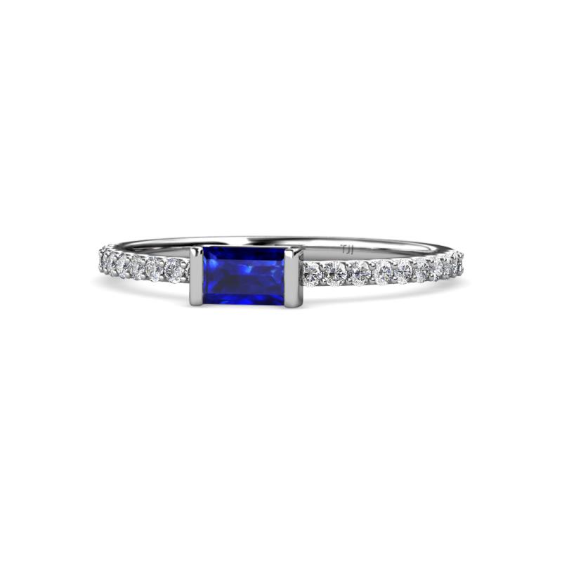 Annia 5x3 mm Bold Emerald Cut Blue Sapphire and Round Diamond Promise Ring 