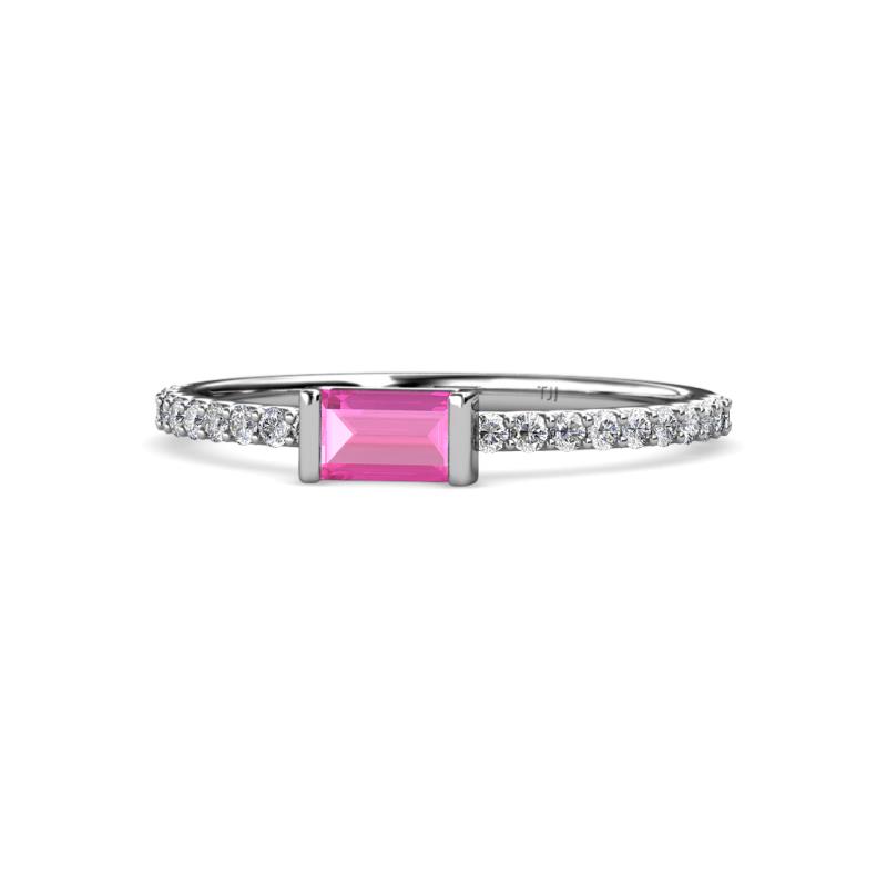 Annia 5x3 mm Bold Emerald Cut Pink Sapphire and Round Diamond Promise Ring 