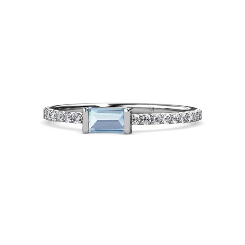 Annia 5x3 mm Bold Emerald Cut Aquamarine and Round Diamond Promise Ring 