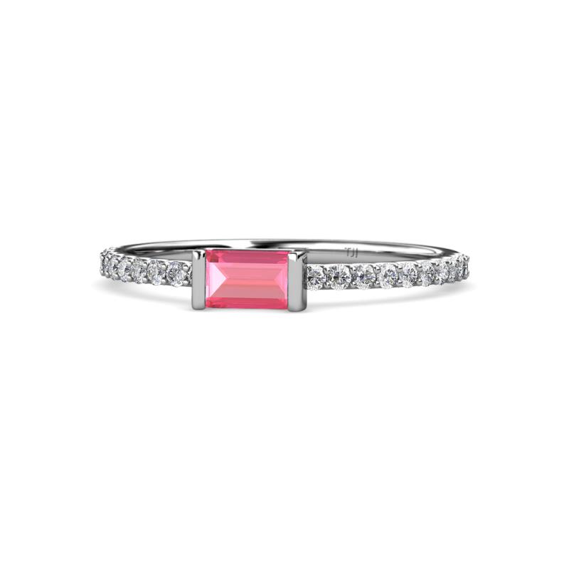 Annia 5x3 mm Bold Emerald Cut Pink Tourmaline and Round Diamond Promise Ring 