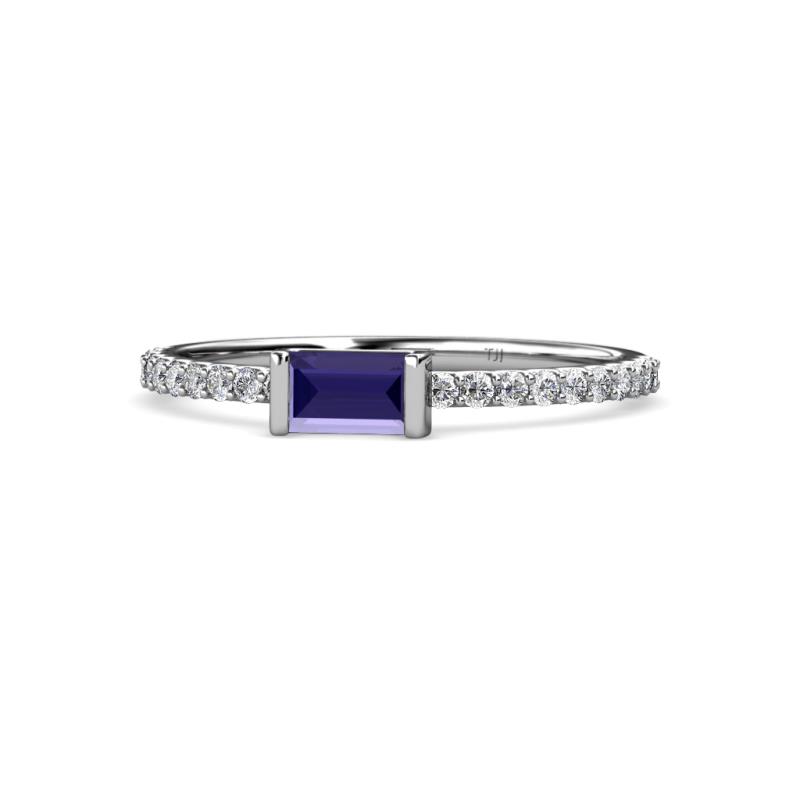Annia 5x3 mm Bold Emerald Cut Iolite and Round Diamond Promise Ring 