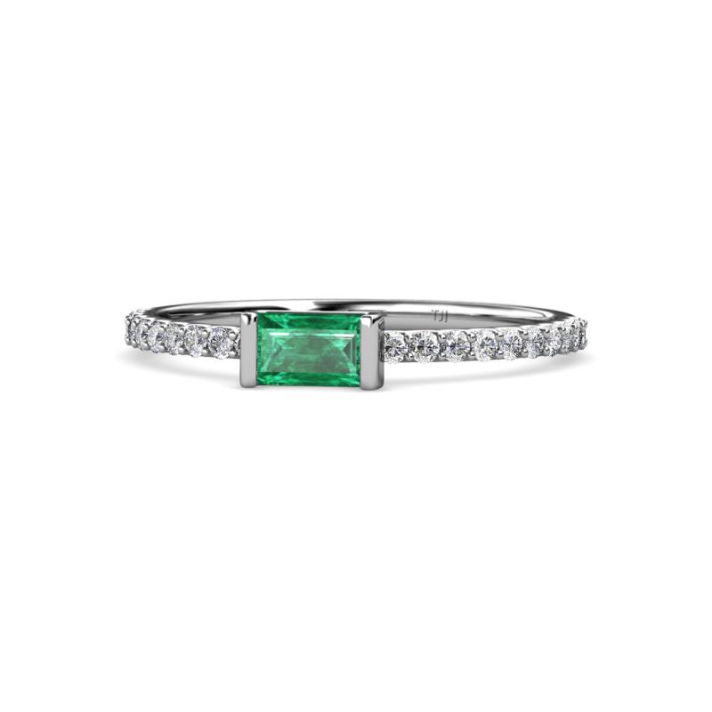 Annia 5x3 mm Bold Emerald Cut Emerald and Round Diamond Promise Ring 