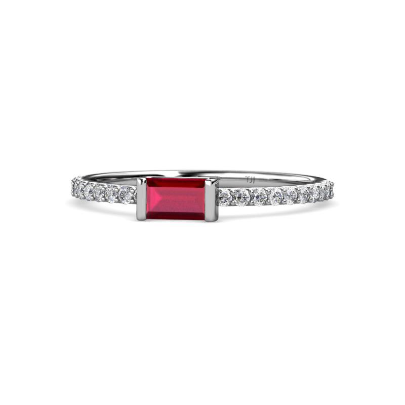 Annia 5x3 mm Bold Emerald Cut Ruby and Round Diamond Promise Ring 