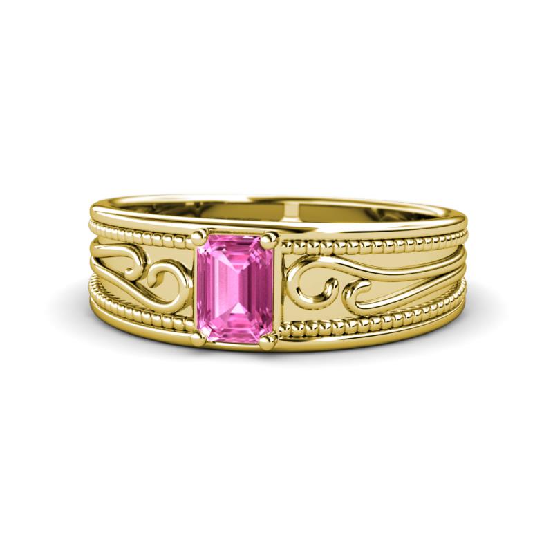 Aileen Bold 7x5 mm Emerald Shape Pink Sapphire Solitaire Wide Band Promise Ring 