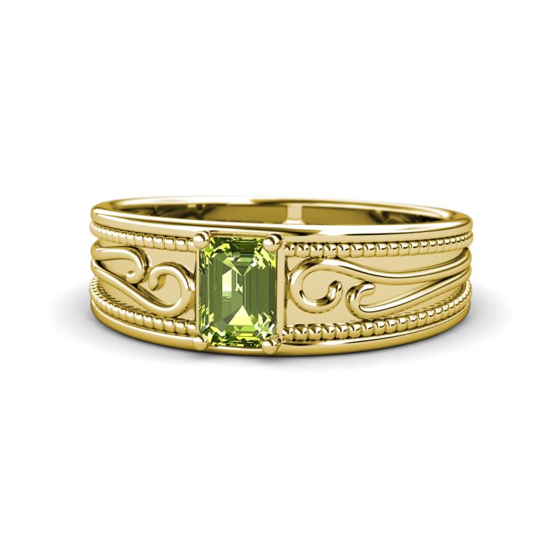 Aileen Bold 7x5 mm Emerald Shape Peridot Solitaire Wide Band Promise Ring 