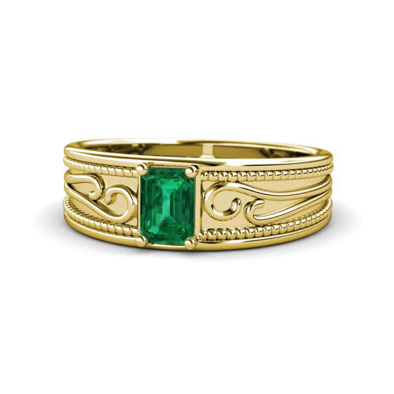 Aileen Bold 7x5 mm Emerald Shape Emerald Solitaire Wide Band Promise Ring 