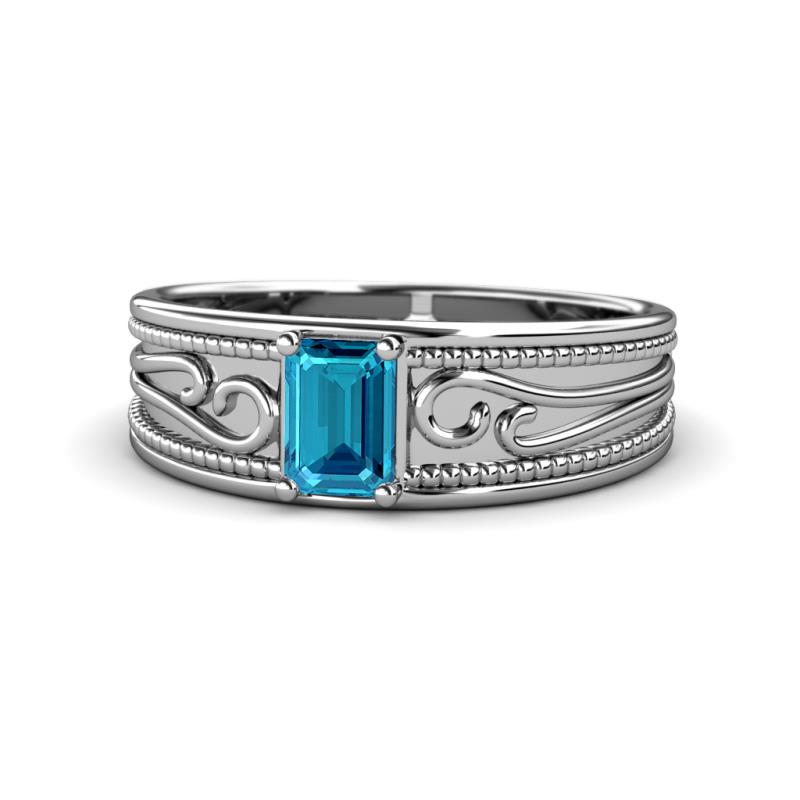 Aileen Bold Emerald Cut London Blue Topaz Solitaire Wide Band Promise Ring 