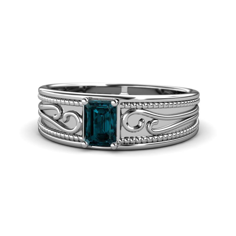 Aileen Bold 7x5 mm Emerald Shape London Blue Topaz Solitaire Wide Band Promise Ring 