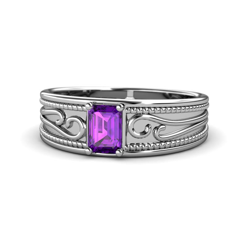 Aileen Bold 7x5 mm Emerald Shape Amethyst Solitaire Wide Band Promise Ring 