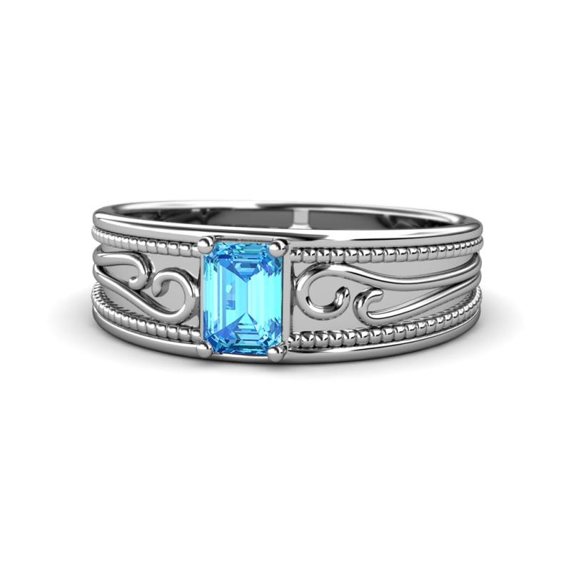 Aileen Bold 7x5 mm Emerald Shape Blue Topaz Solitaire Wide Band Promise Ring 