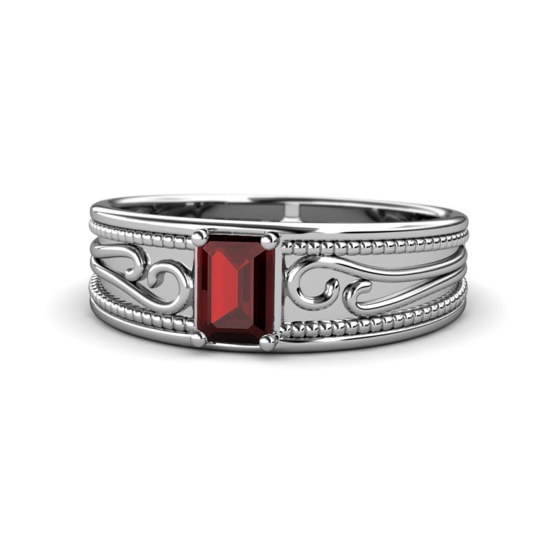 Aileen Bold Emerald Cut Red Garnet Solitaire Wide Band Promise Ring 