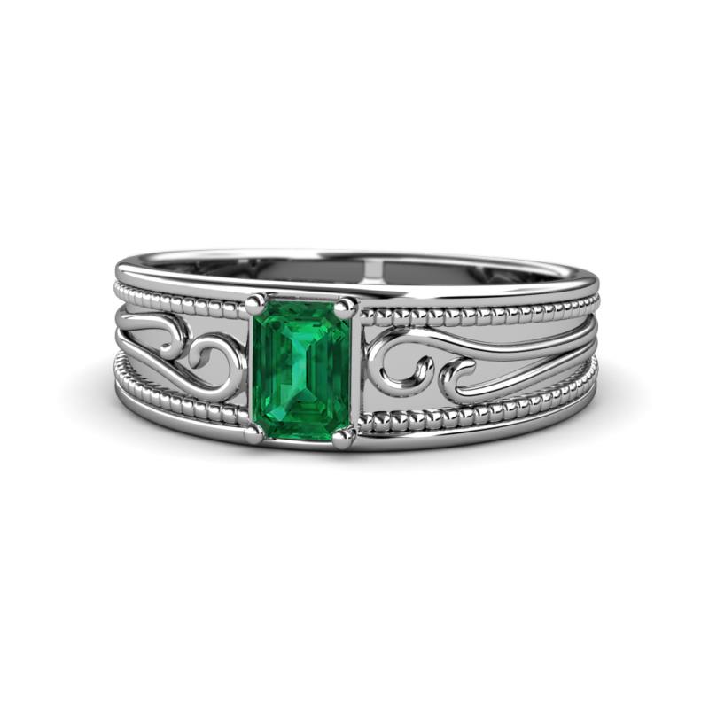 Aileen Bold 7x5 mm Emerald Shape Emerald Solitaire Wide Band Promise Ring 