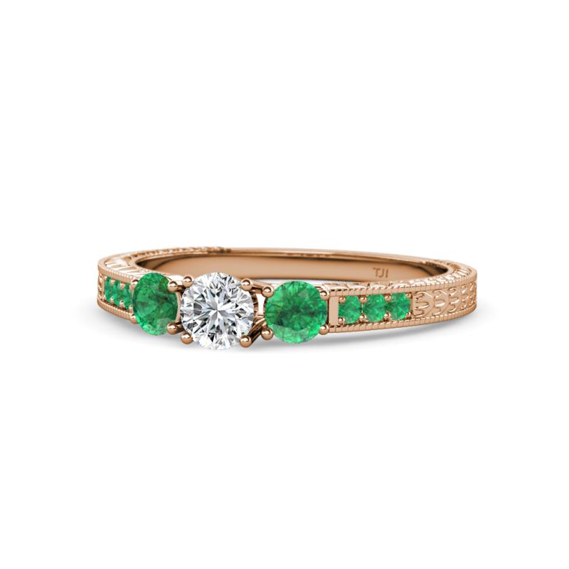 Ayaka Diamond and Emerald Three Stone with Side Emerald Ring 