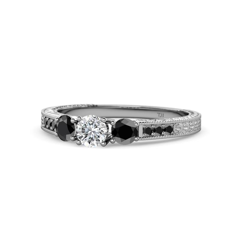 Ayaka Black and White Diamond Three Stone with Side Black Diamond Ring 