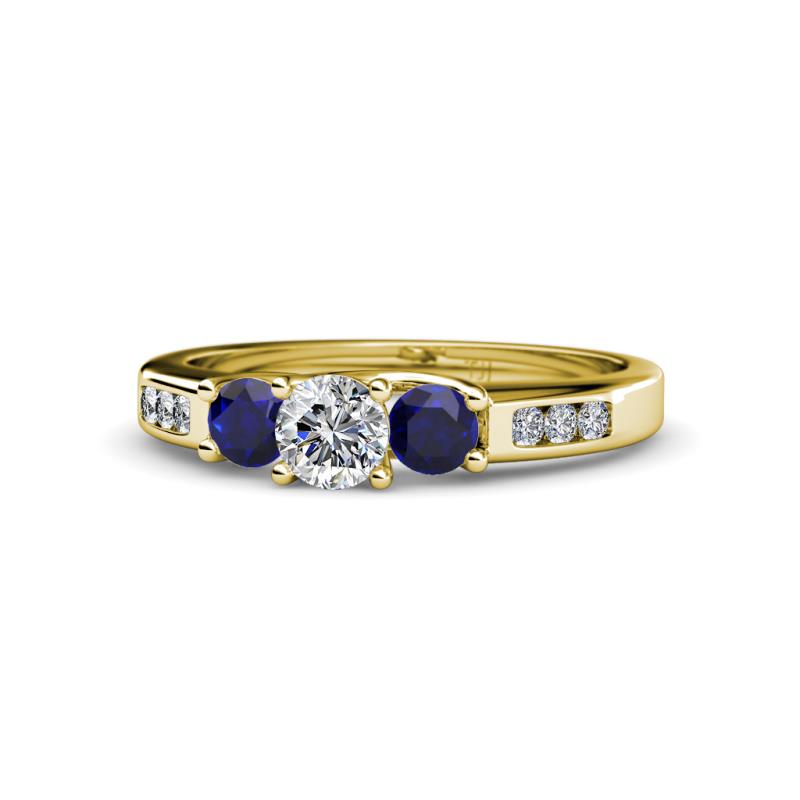 Jamille Diamond and Blue Sapphire Three Stone with Side Diamond Ring 