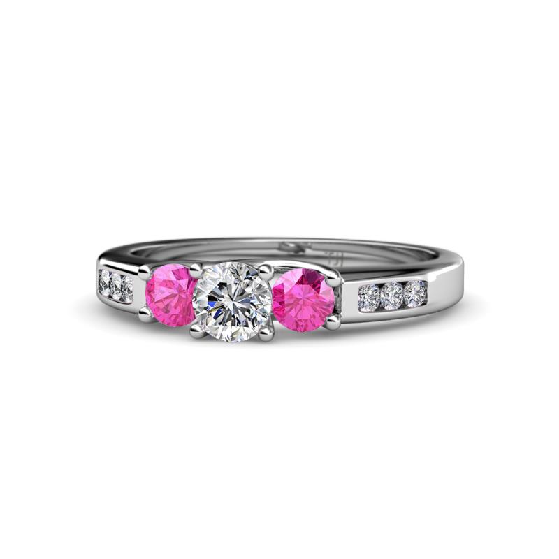 Jamille Diamond and Pink Sapphire Three Stone with Side Diamond Ring 