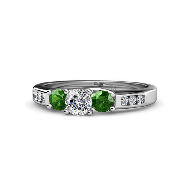 Jamille Diamond and Green Garnet Three Stone with Side Diamond Ring 