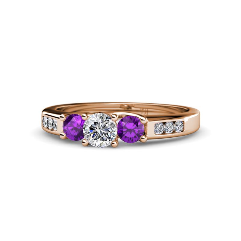 Jamille Diamond and Amethyst Three Stone with Side Diamond Ring 