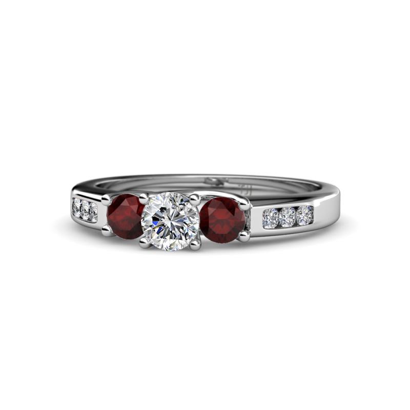 Jamille Diamond and Red Garnet Three Stone with Side Diamond Ring 