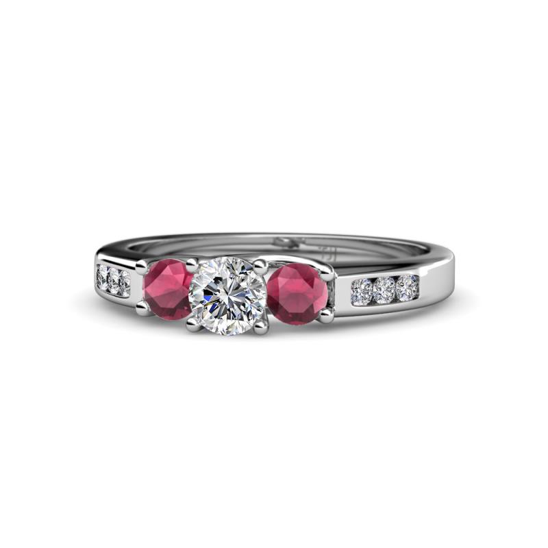 Jamille Diamond and Rhodolite Garnet Three Stone with Side Diamond Ring 