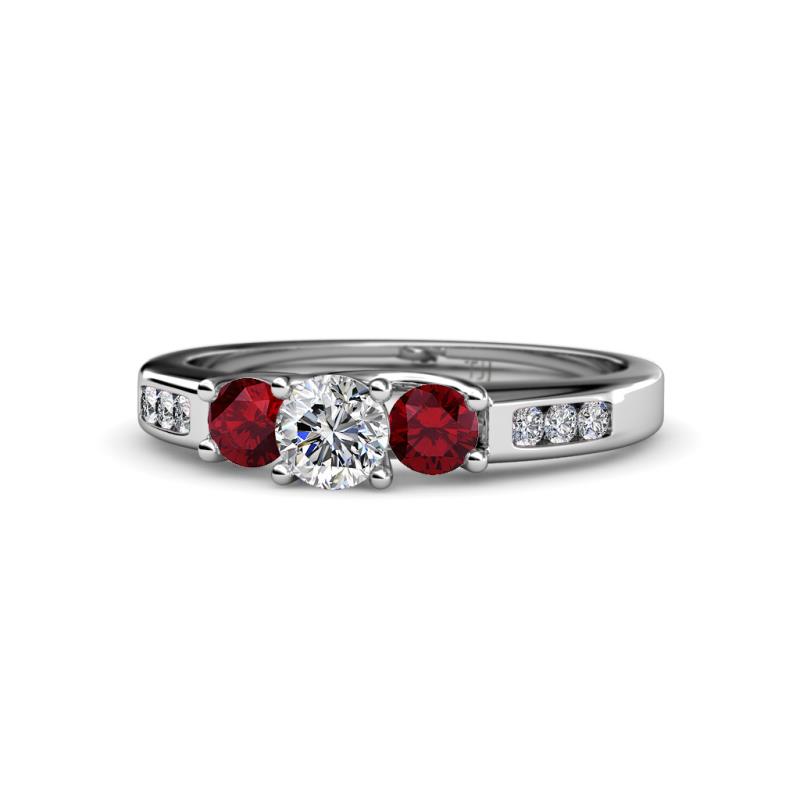 Jamille Diamond and Ruby Three Stone with Side Diamond Ring 