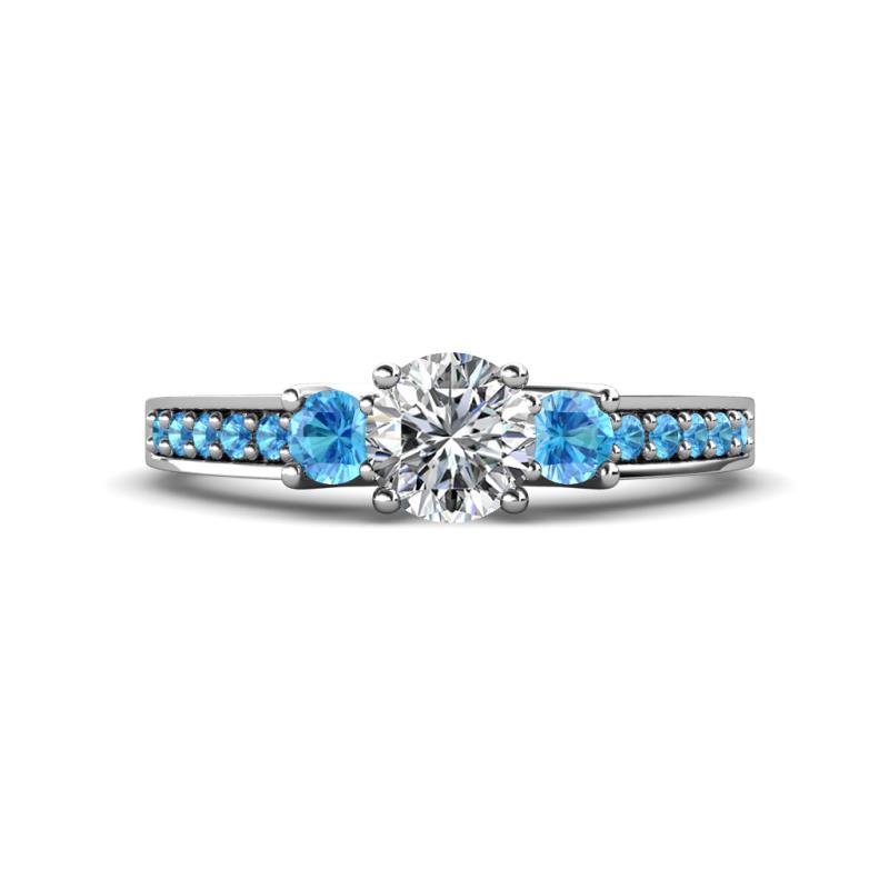 Valene Diamond and Blue Topaz Three Stone with Side Blue Topaz Ring 
