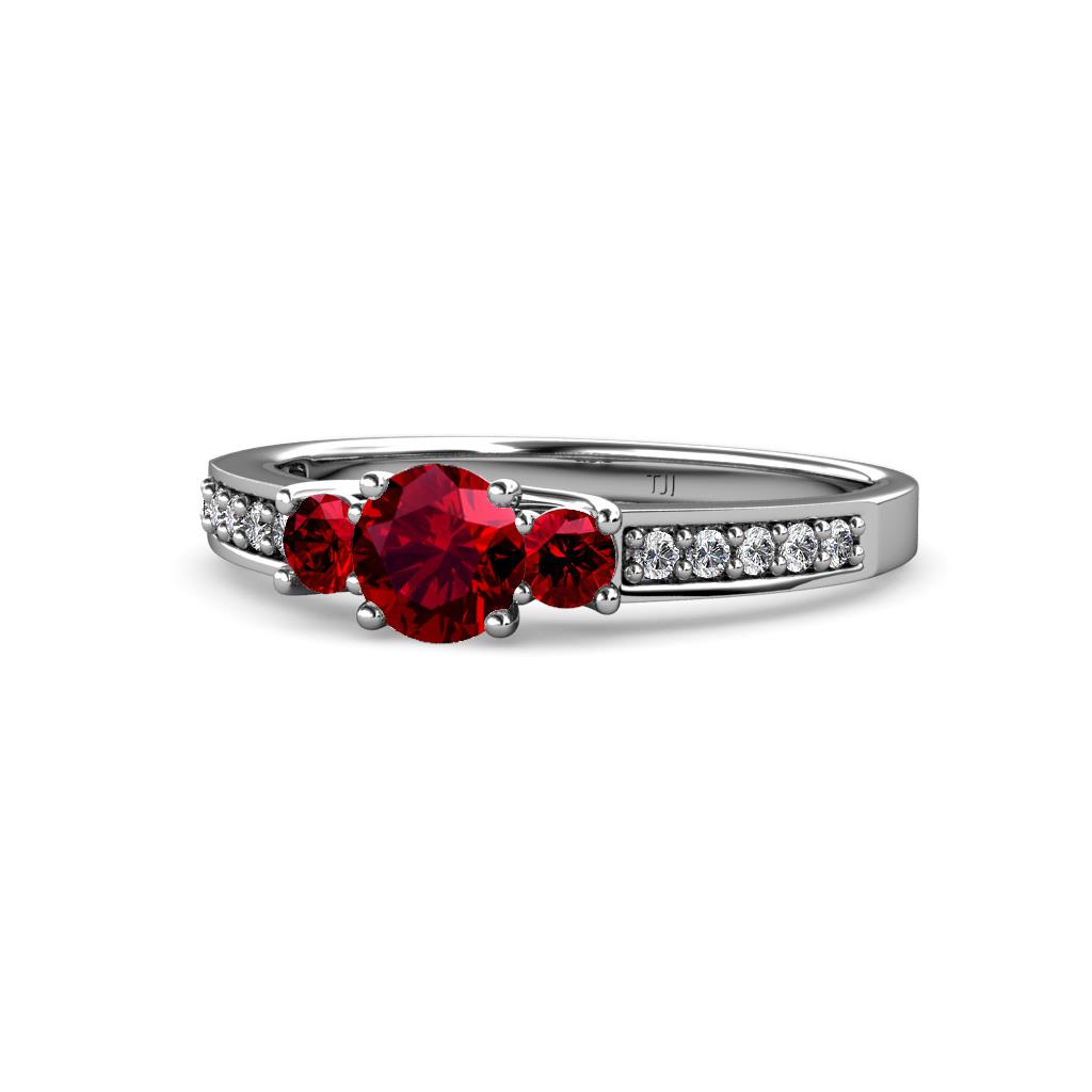 Valene Ruby Three Stone with Side Diamond Ring 