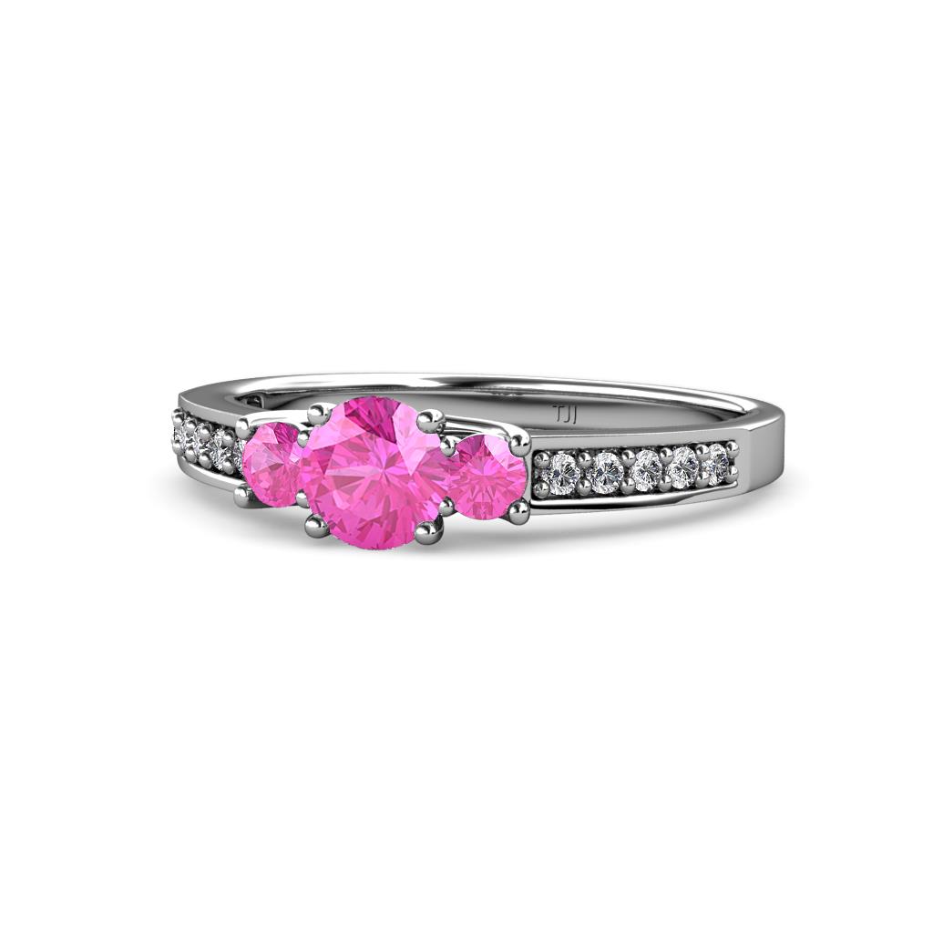 Valene Pink Sapphire Three Stone with Side Diamond Ring 