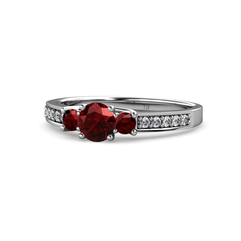 Valene Red Garnet Three Stone with Side Diamond Ring 