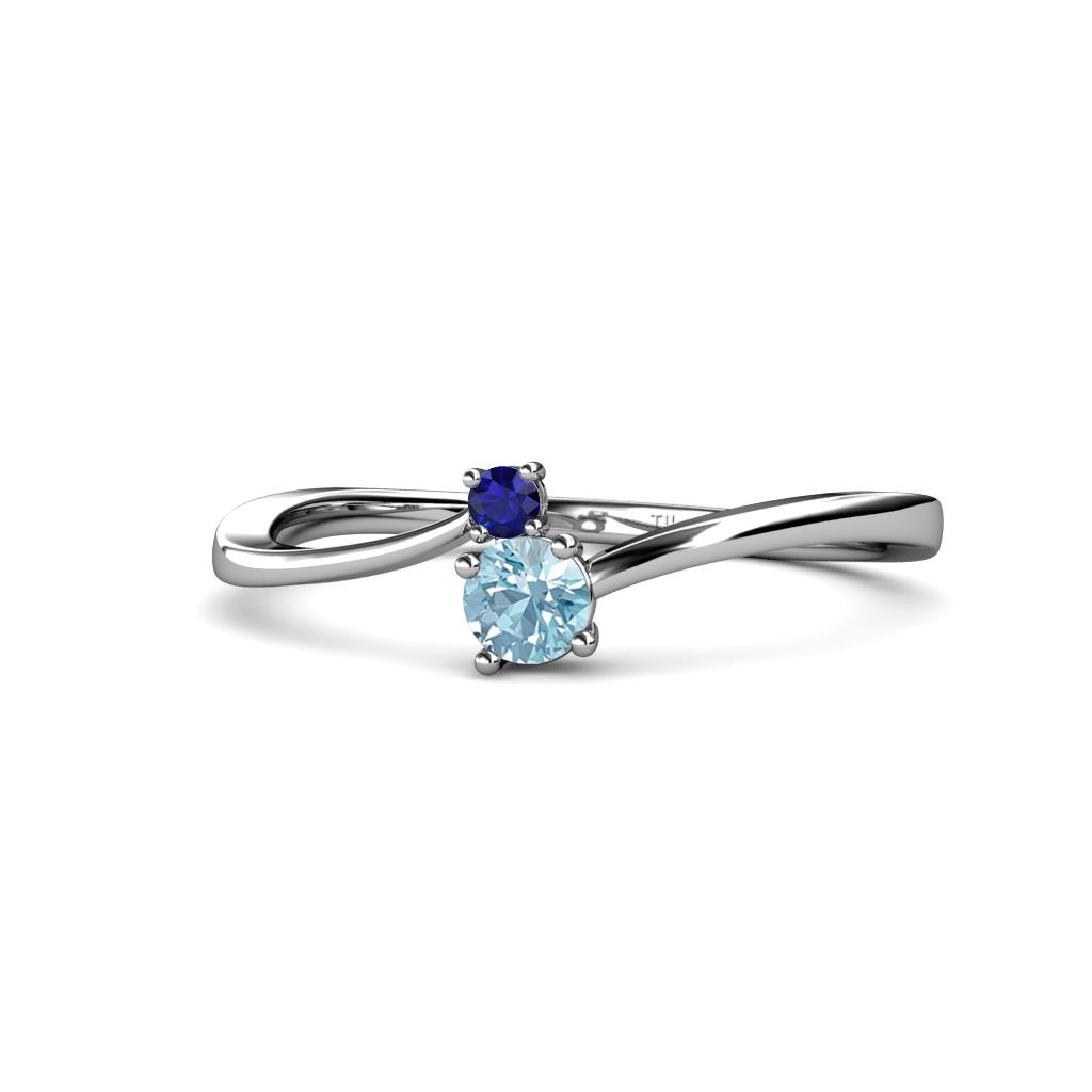 Lucie 4.10 mm Bold Round Blue Sapphire and Aquamarine 2 Stone Promise Ring 